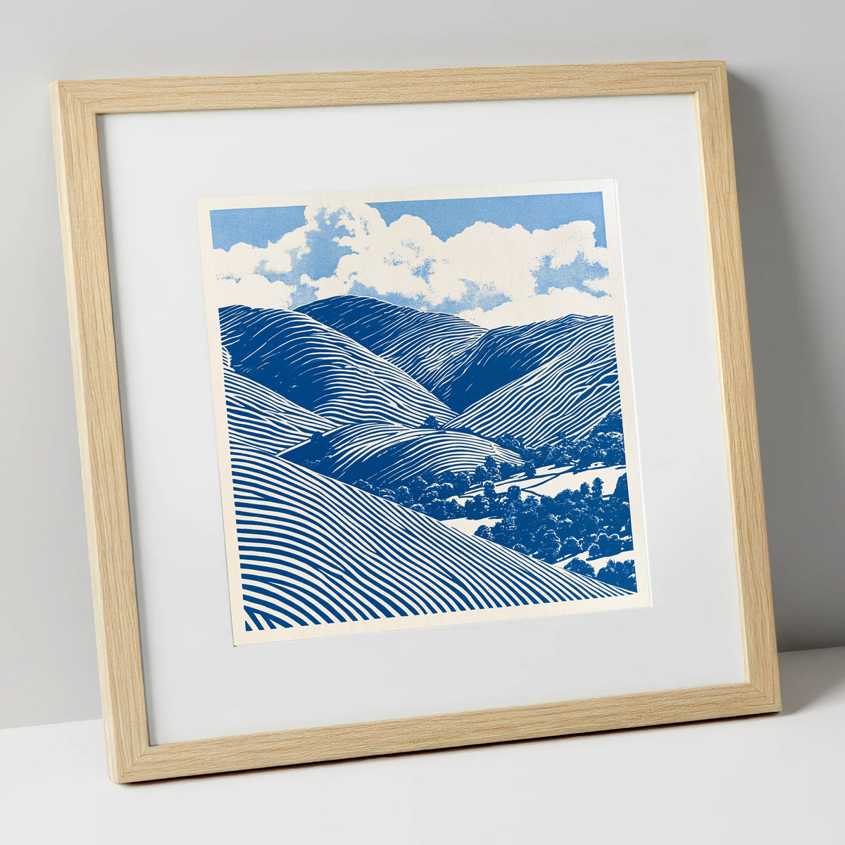 Cobalt Blue Rolling Fells lake district fell art print in natural frame