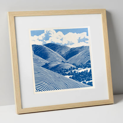 Cobalt Blue Rolling Fells lake district fell art print in natural frame