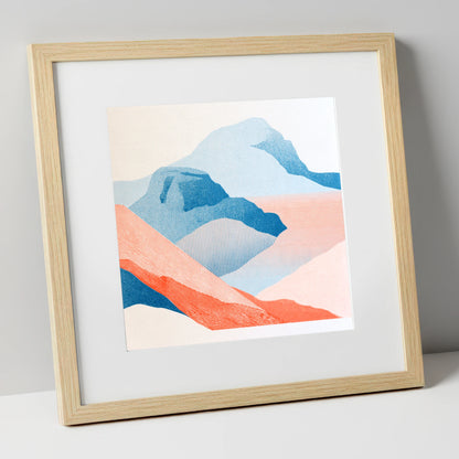Bowfell in Graphic Coral and Blue lake district fell art print in natural frame
