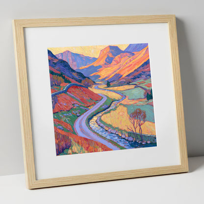 Winding Valley River in Radiant Amber lake district waterfall art print in natural frame