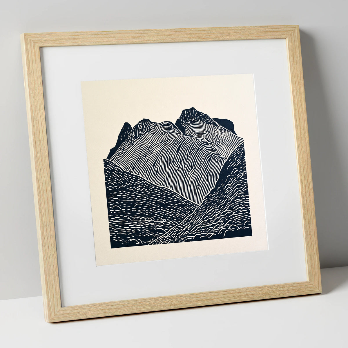 Graphic Monochrome Langdale Pikes lake district fell art print in natural frame