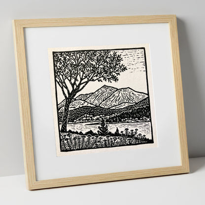 Monochrome Skiddaw and Lake lake district fell art print in natural frame