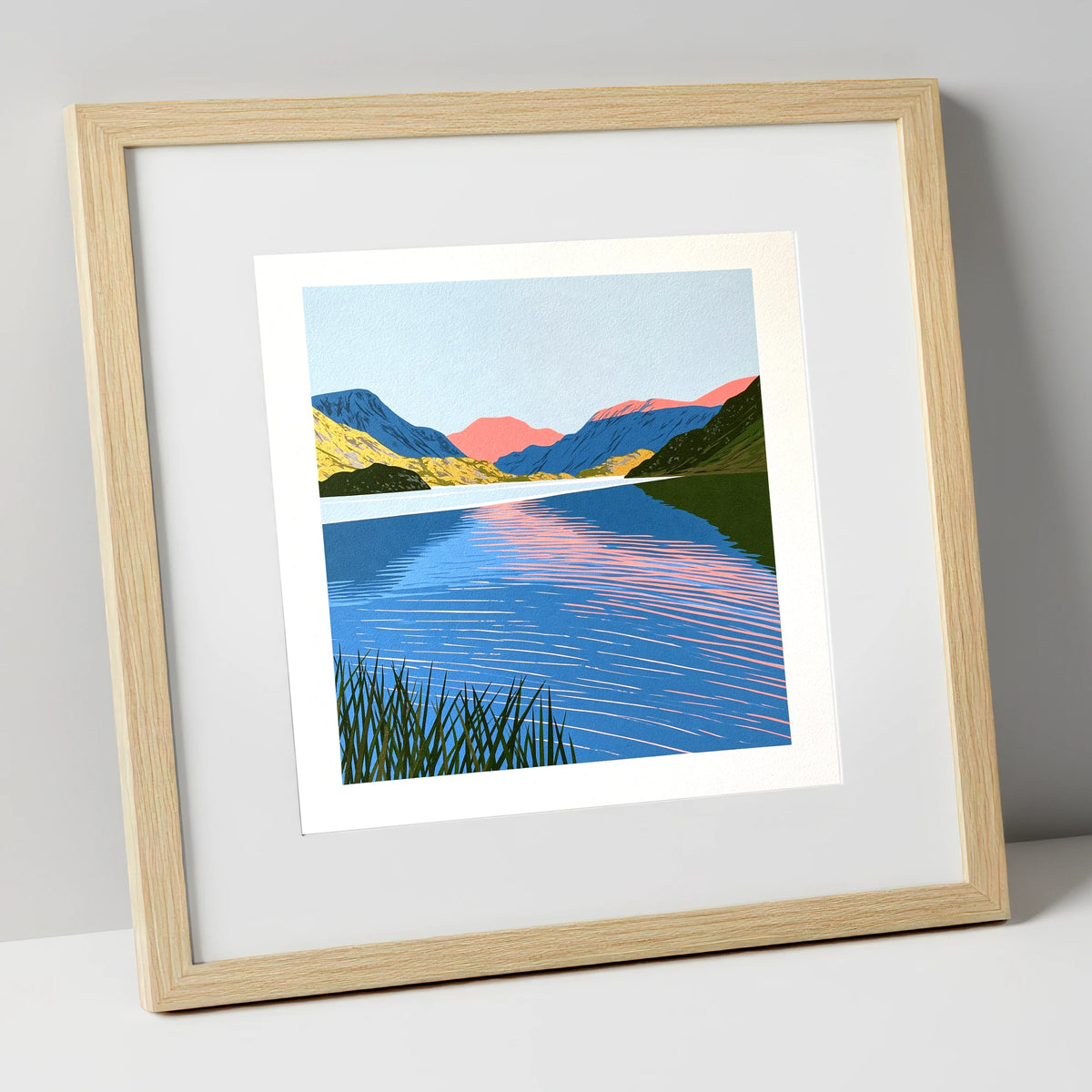 Coral Dawn over Still Lake lake district lake art print in natural frame