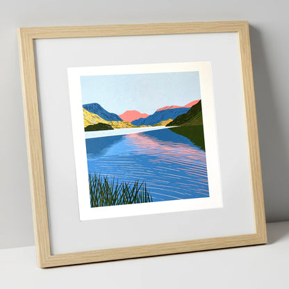 Coral Dawn over Still Lake lake district lake art print in natural frame