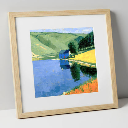 Blue Cottage on Calm Lake lake district lake art print in natural frame