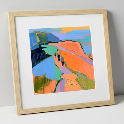 Walkers on Bright Mountain Path lake district walking art print in natural frame