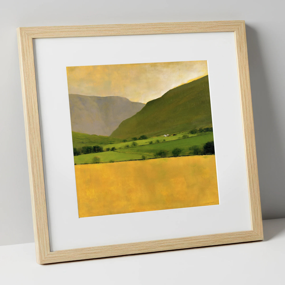 Golden Field Below the Fells lake district valley art print in natural frame