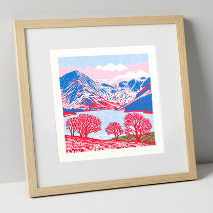 Graphic Buttermere in Red and Blue lake district lake art print in natural frame
