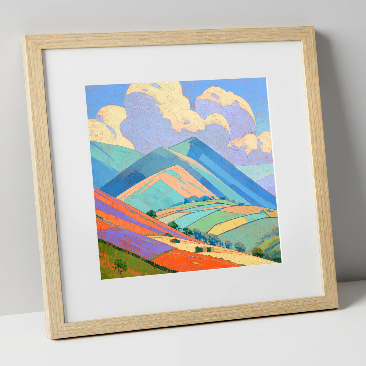 Turquoise and Orange Rolling Fells lake district fell art print in natural frame