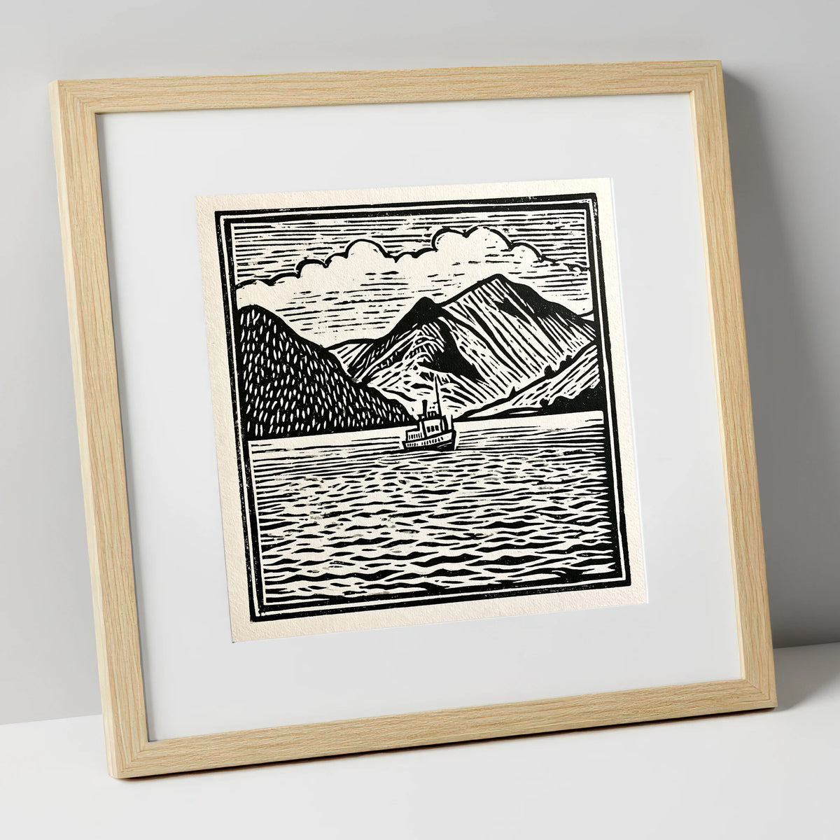 Bold Monochrome Ullswater Steamer lake district lake art print in natural frame