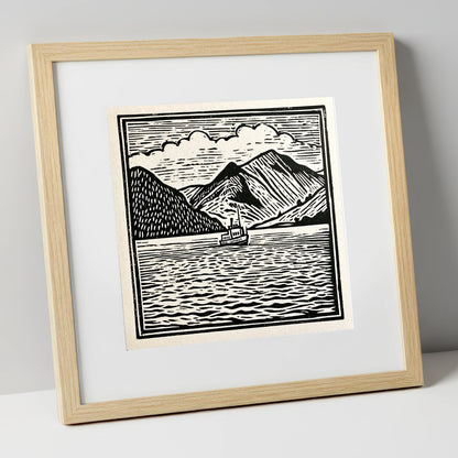 Bold Monochrome Ullswater Steamer lake district lake art print in natural frame