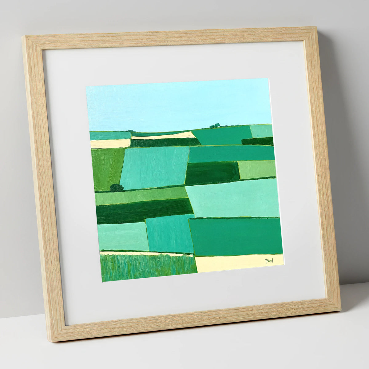 Green Patchwork Dale Fields lake district valley art print in natural frame