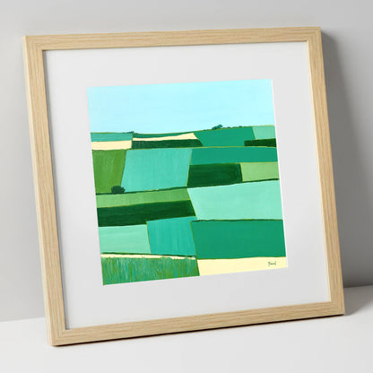 Green Patchwork Dale Fields lake district valley art print in natural frame