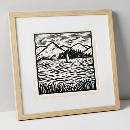 Monochrome Sailboat on Derwentwater lake district lake art print in natural frame