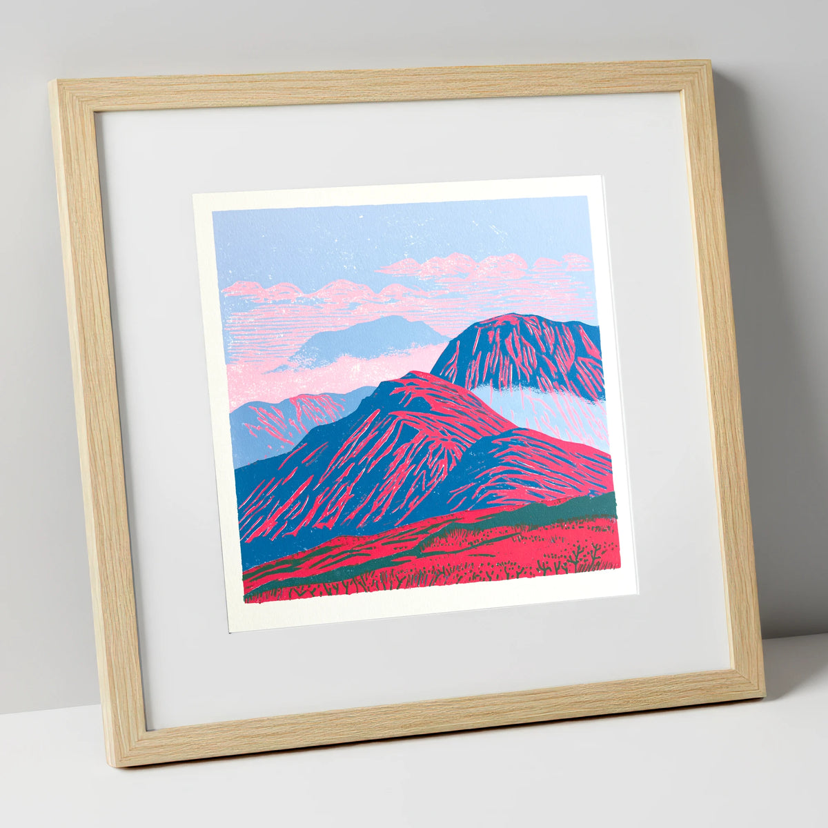 Vibrant Red Misty Mountain Ridge lake district fell art print in natural frame