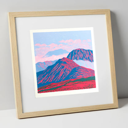 Vibrant Red Misty Mountain Ridge lake district fell art print in natural frame