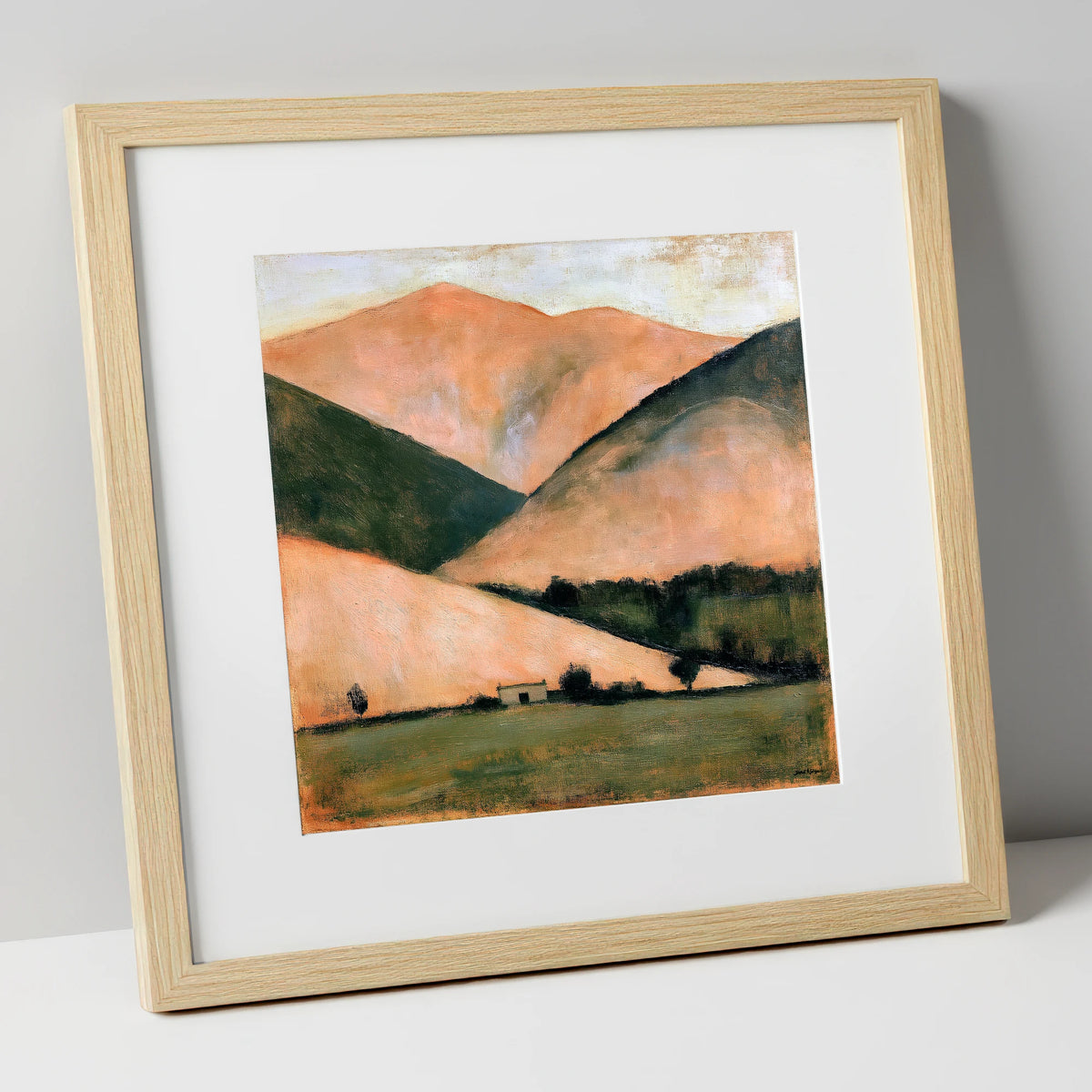 Golden Fells and Stone Bothy lake district sky art print in natural frame