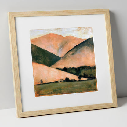 Golden Fells and Stone Bothy lake district sky art print in natural frame