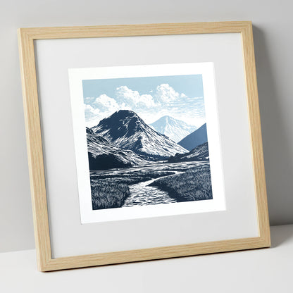 Scafell Pike in Deep Navy lake district fell art print in natural frame