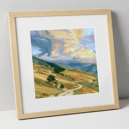 Storm Clouds Over Golden Fells lake district sky art print in natural frame