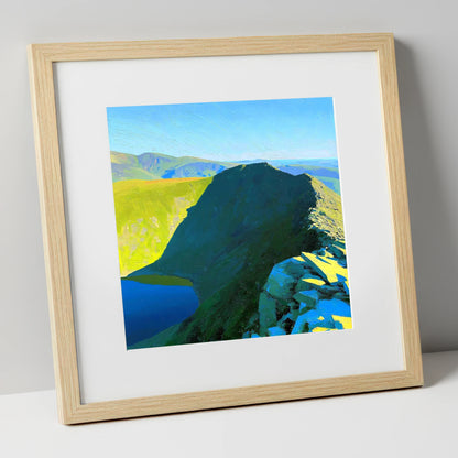 Sunlit Striding Edge on Helvellyn lake district walking art print in natural frame