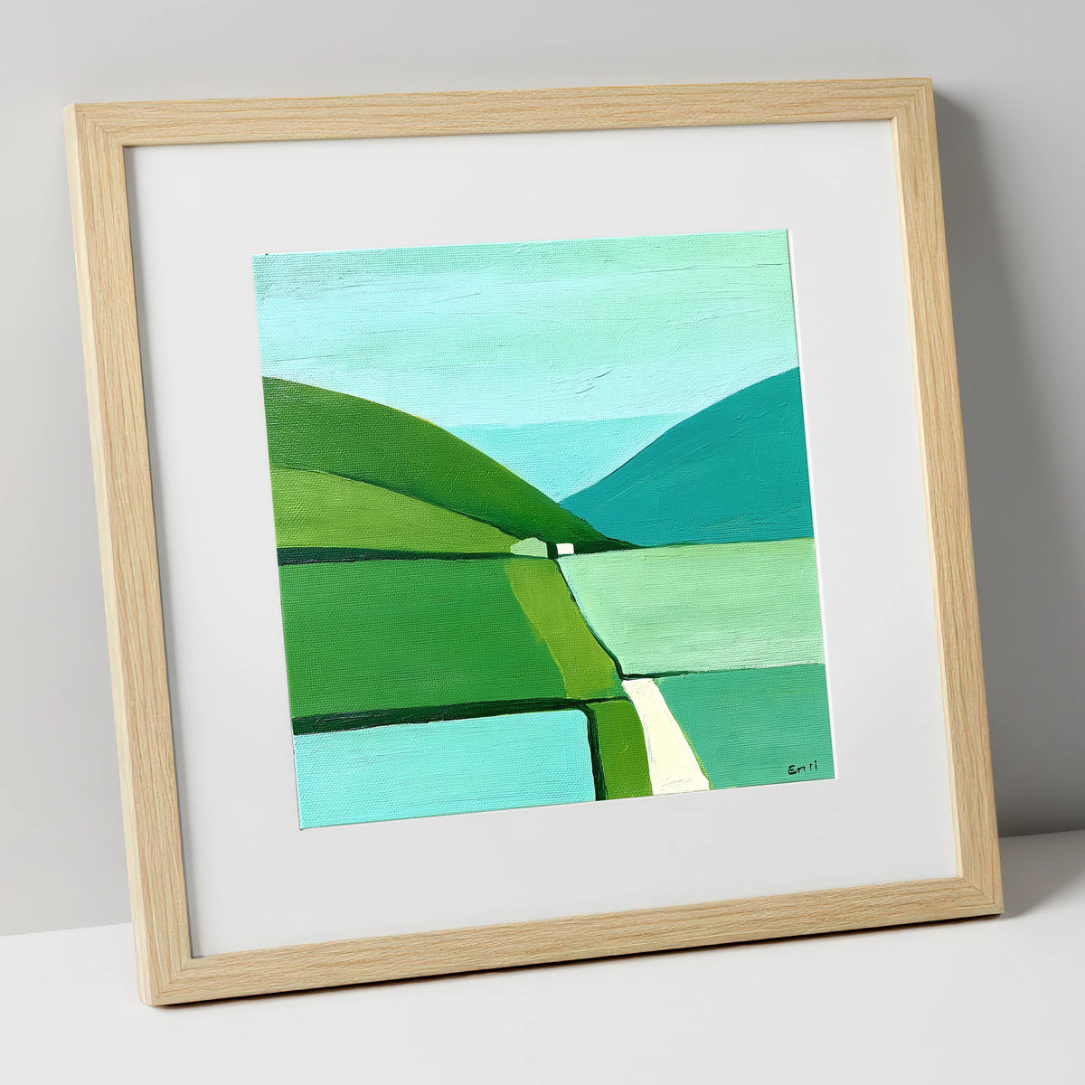 Geometric Green Valley Between Fells lake district valley art print in natural frame