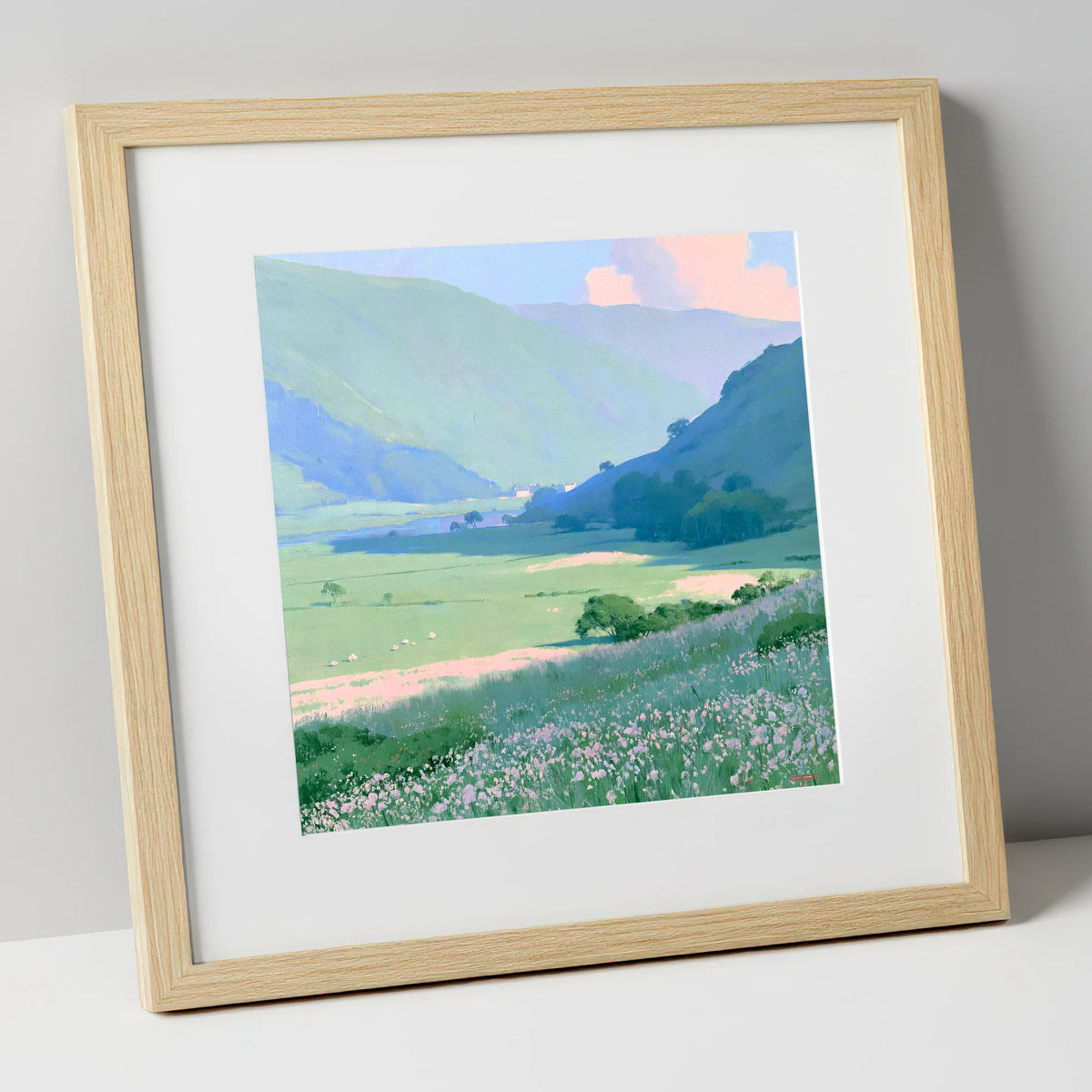 Blue Fells and Wildflower Meadow lake district valley art print in natural frame