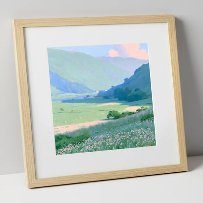 Blue Fells and Wildflower Meadow lake district valley art print in natural frame