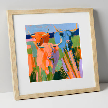 Vibrant Highland Cattle Trio lake district wildlife art print in natural frame