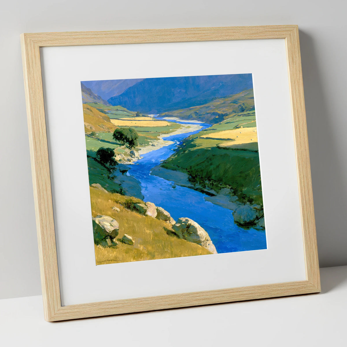 Winding Blue River Valley lake district waterfall art print in natural frame