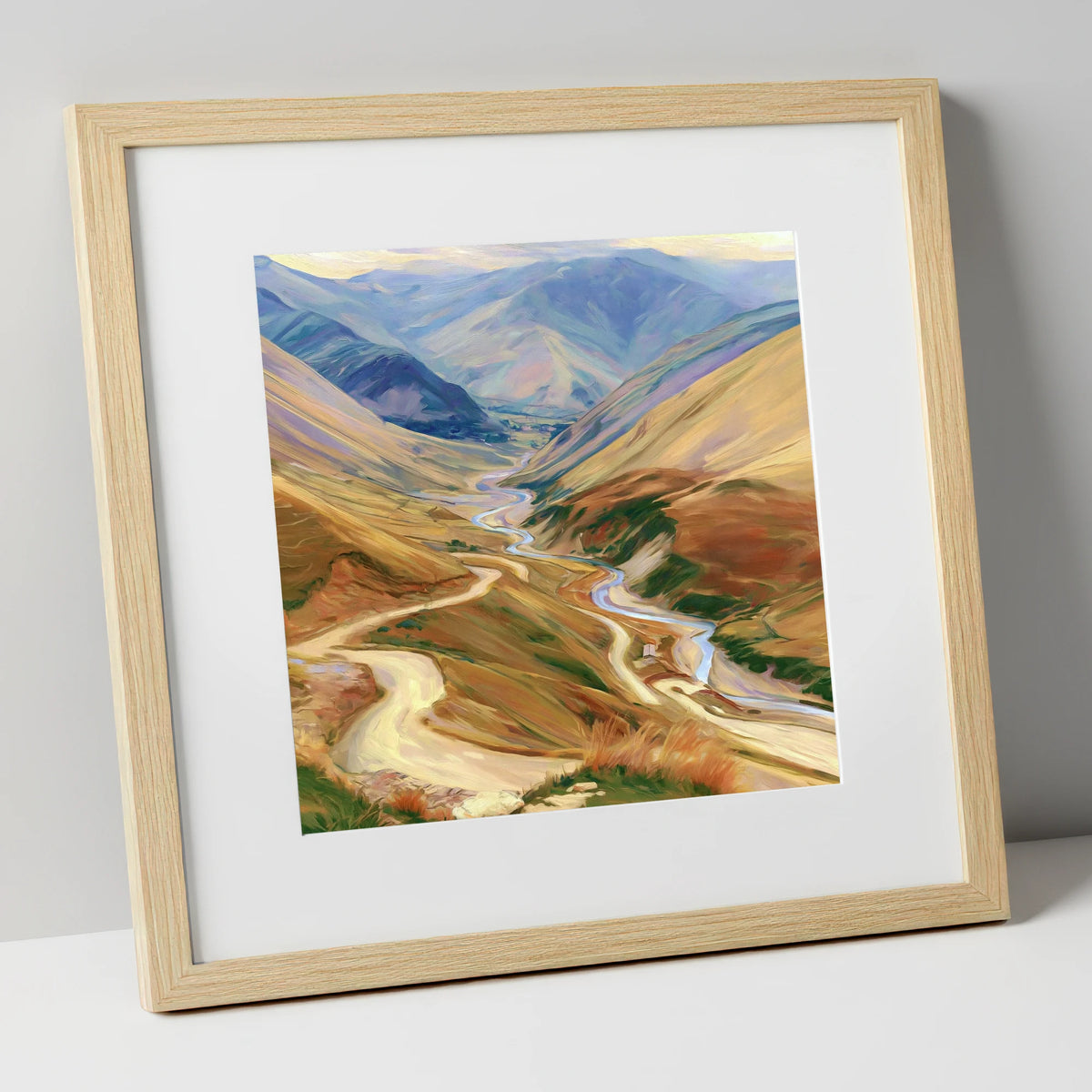 Winding Mountain Pass and Beck lake district valley art print in natural frame
