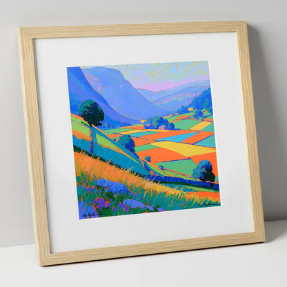 Bold Patchwork Fields and Fells lake district valley art print in natural frame