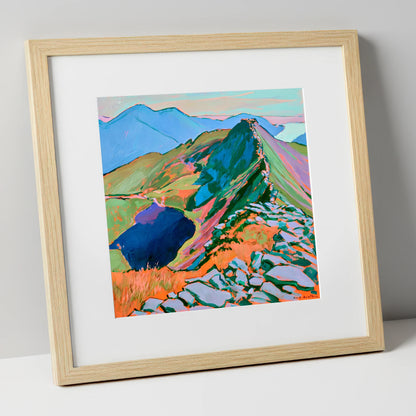 Vibrant Striding Edge Helvellyn lake district fell art print in natural frame