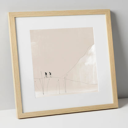 Walkers on a Minimalist Fell lake district walking art print in natural frame