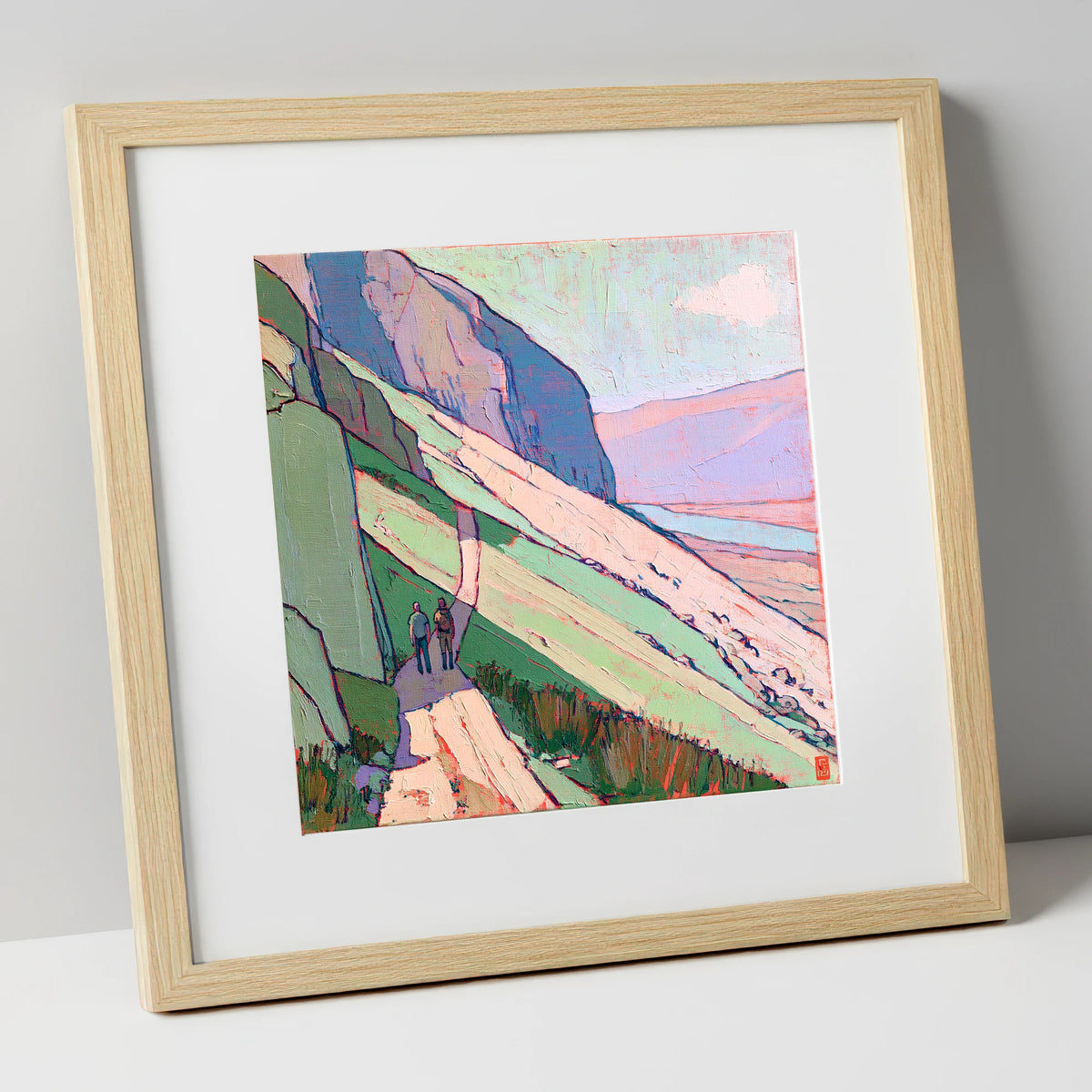 Textured Mountain Path With Walkers lake district walking art print in natural frame