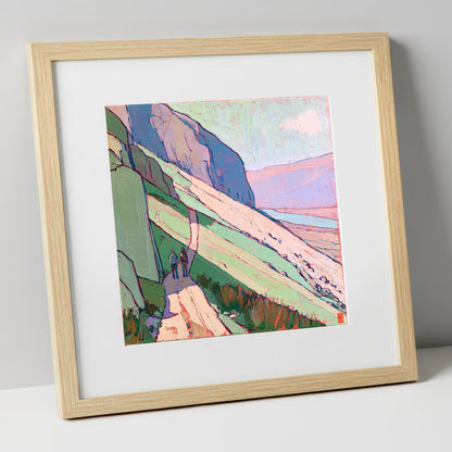 Textured Mountain Path With Walkers lake district walking art print in natural frame
