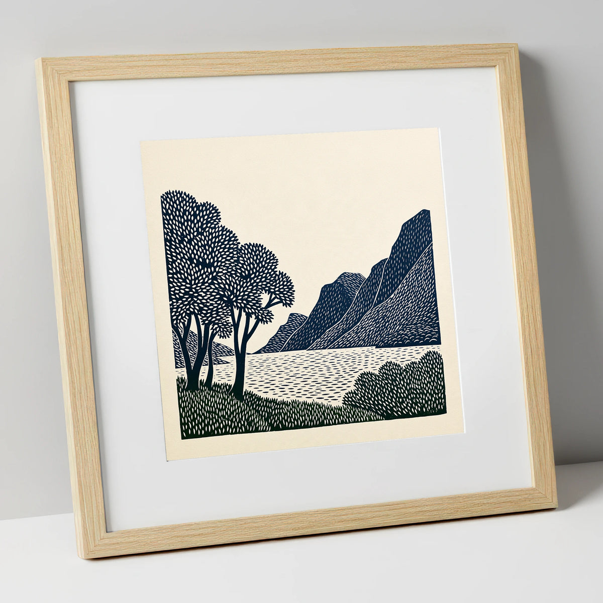 Navy Fells at Crummock Water lake district lake art print in natural frame