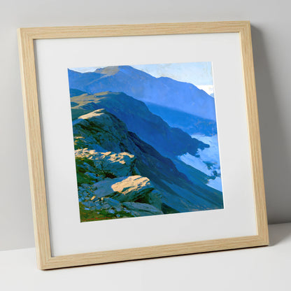 Blue Shadows on Misty Ridge lake district fell art print in natural frame