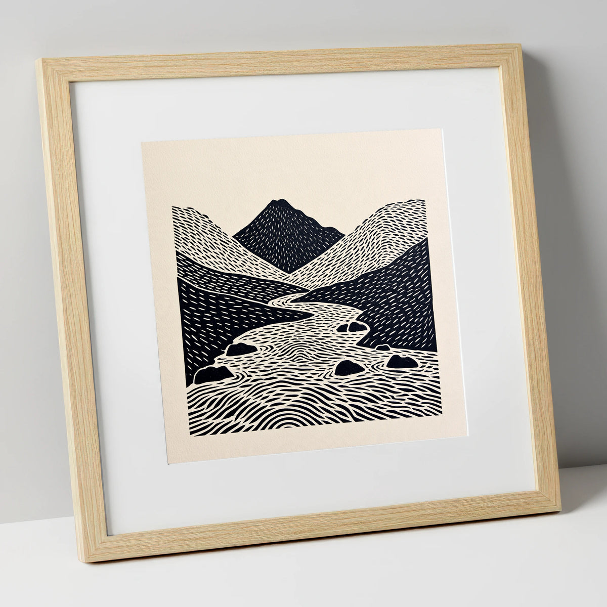 Bold Scafell Pike and Beck lake district fell art print in natural frame