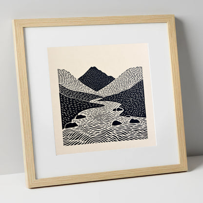Bold Scafell Pike and Beck lake district fell art print in natural frame