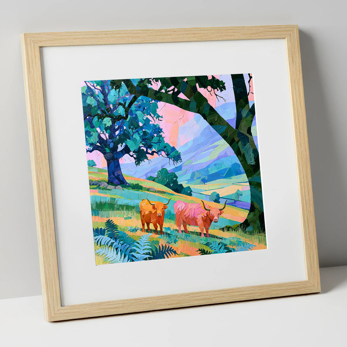 Vibrant Highland Cattle Beneath Fells lake district wildlife art print in natural frame