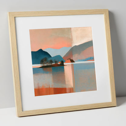 Terracotta Sunset Over Derwentwater lake district lake art print in natural frame