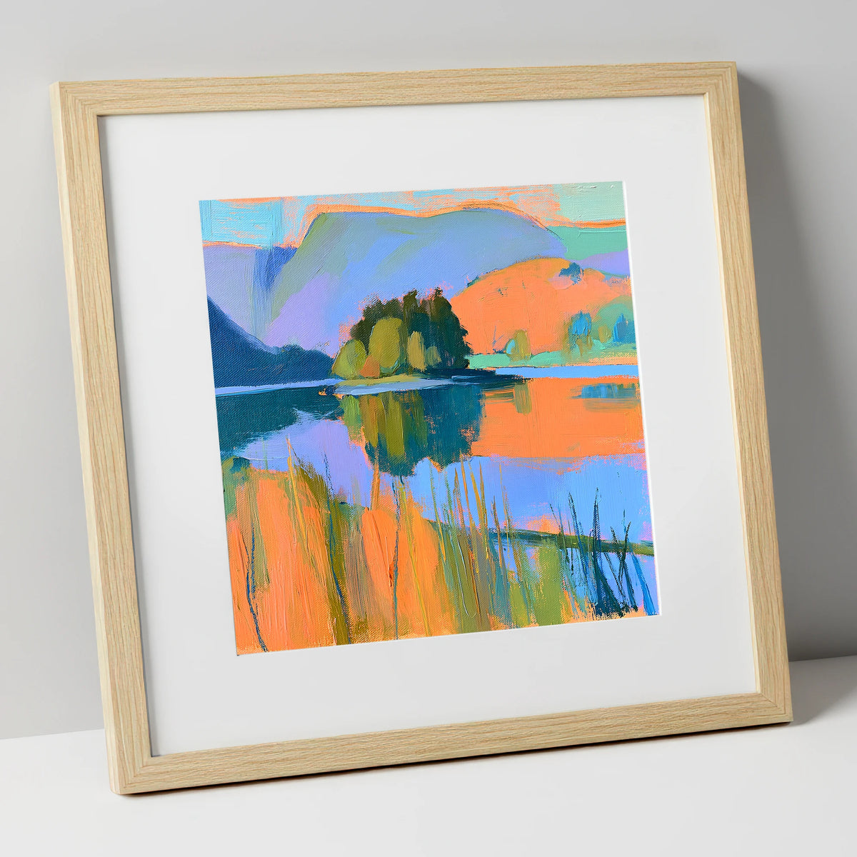 Vibrant Grasmere and Wooded Island lake district lake art print in natural frame