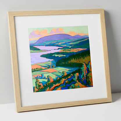 Vibrant Bassenthwaite Lake and Fells lake district lake art print in natural frame