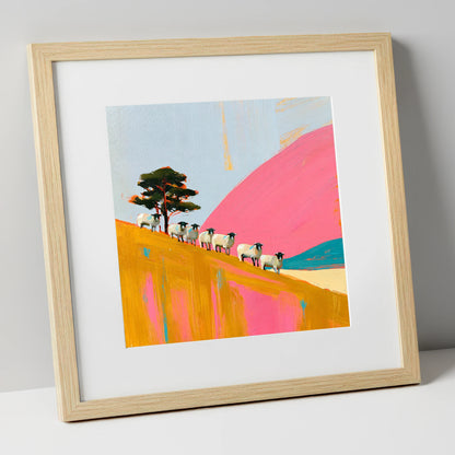 Herdwick Sheep on Pink Fellside lake district wildlife art print in natural frame