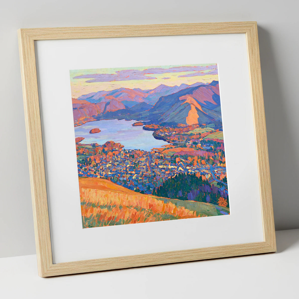 Vibrant Keswick and Derwentwater lake district village art print in natural frame