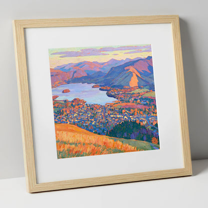 Vibrant Keswick and Derwentwater lake district village art print in natural frame