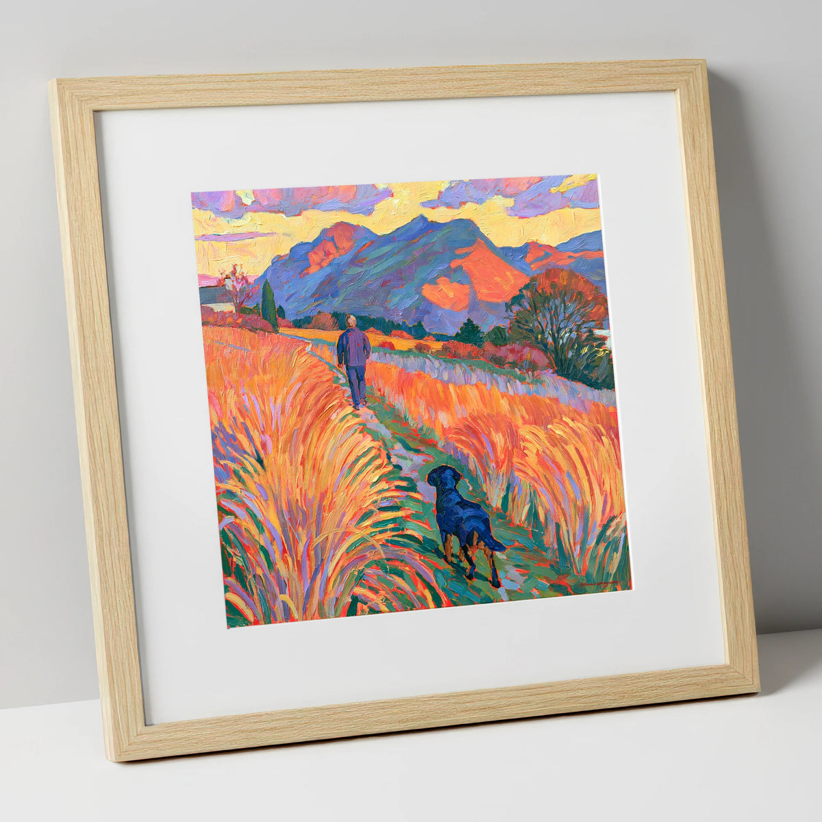 Vibrant Keswick Fells Dog Walk gifts for dog walkers art print in natural frame