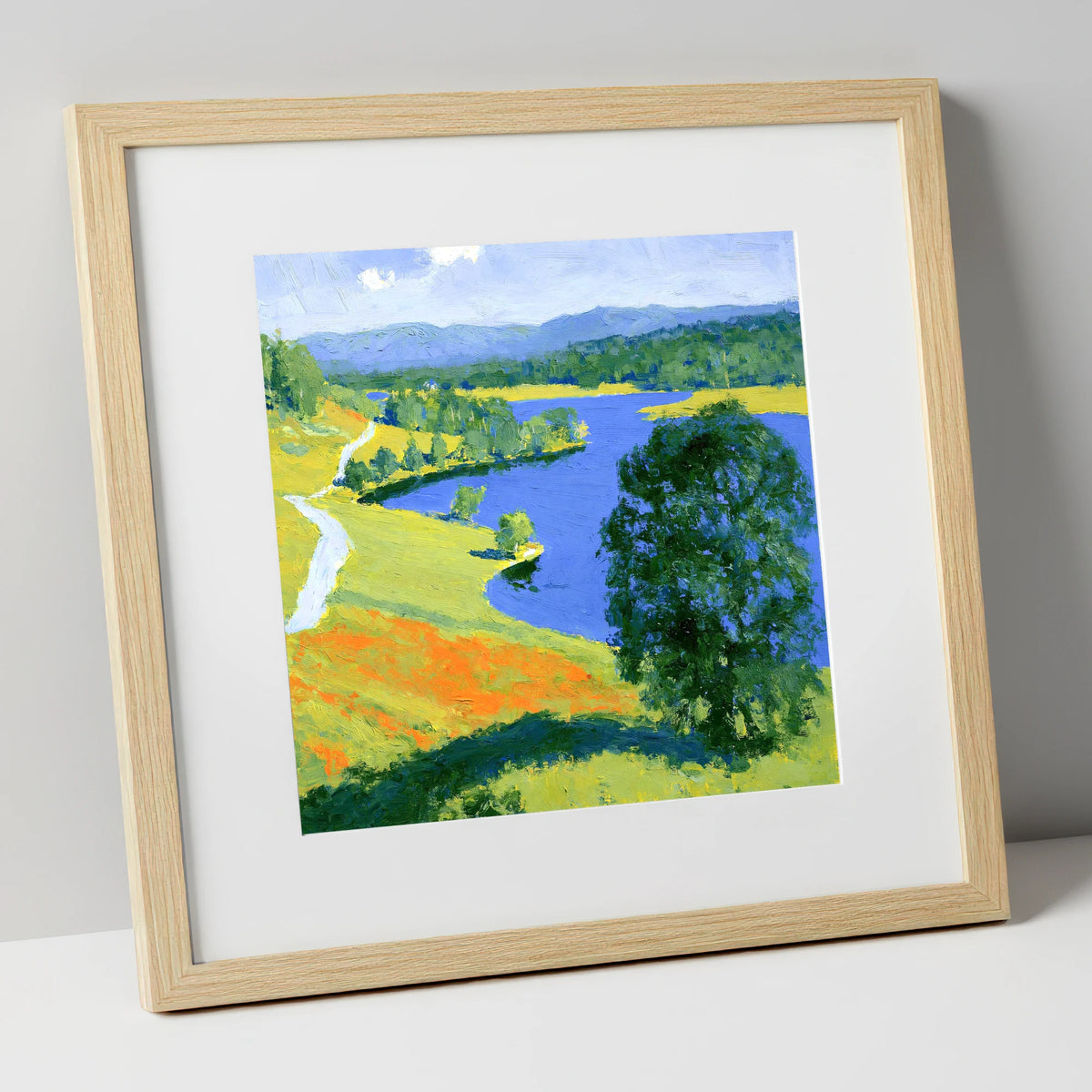 Vivid Colours of Tarn Hows lake district lake art print in natural frame