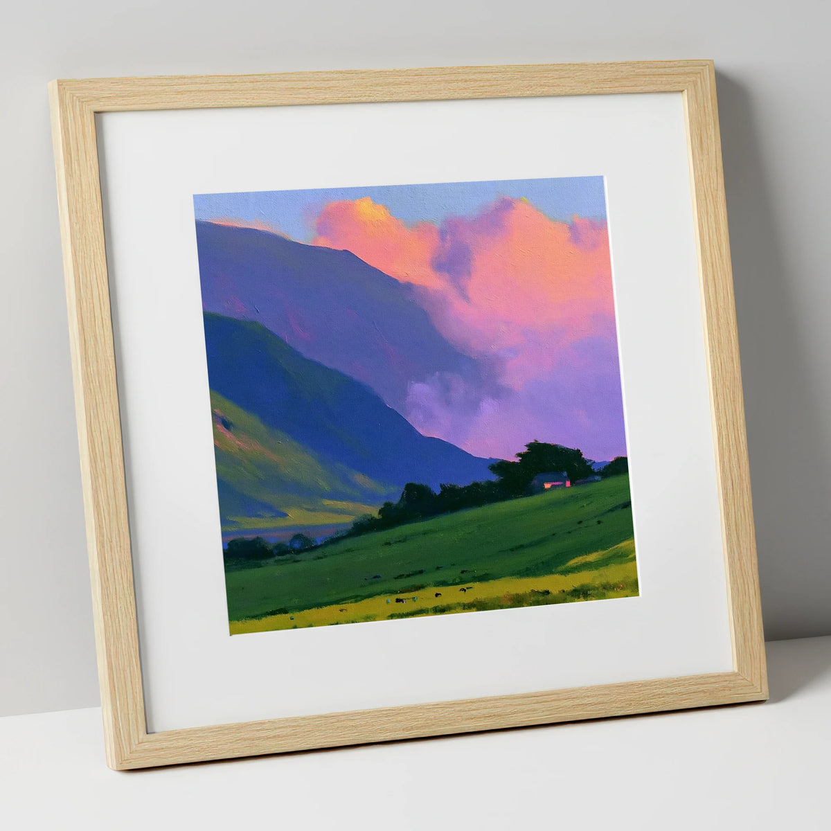 Rolling Fells Under Magenta Clouds lake district fell art print in natural frame